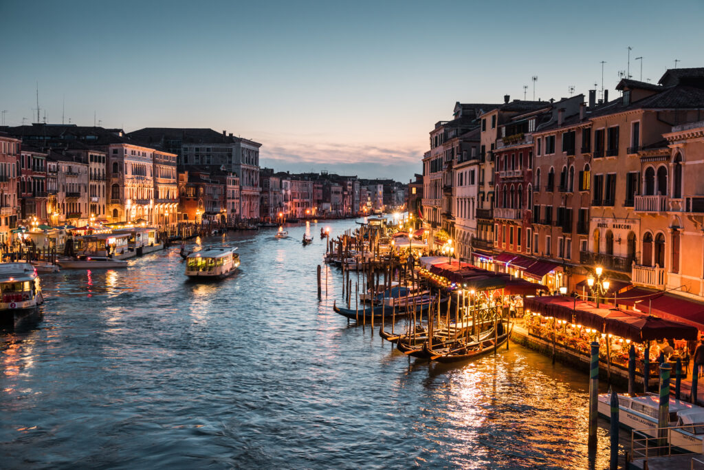 Grand canal at night from the Rialto Bridge.