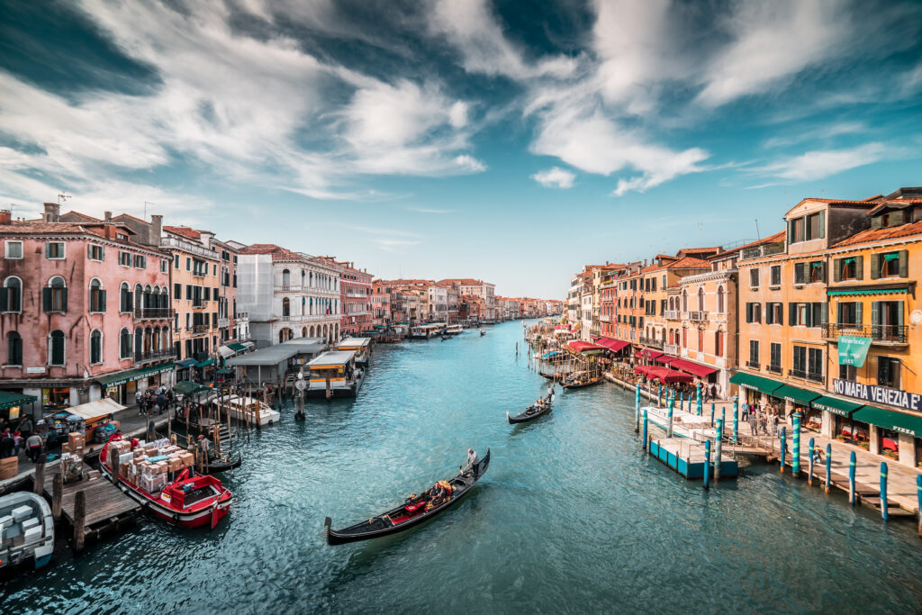 Grand canal in Venice with gondolas.