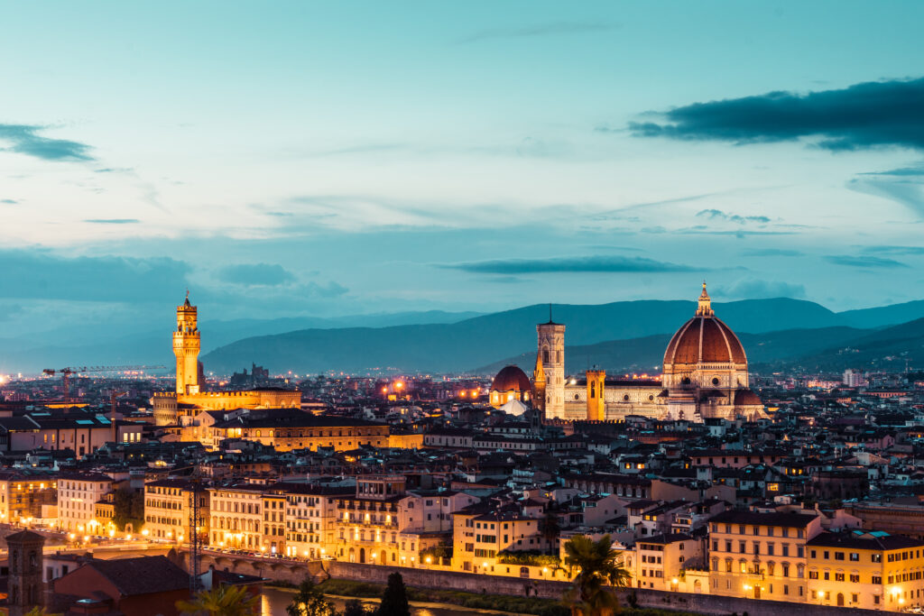 View over Florence of Duomo at dusk.