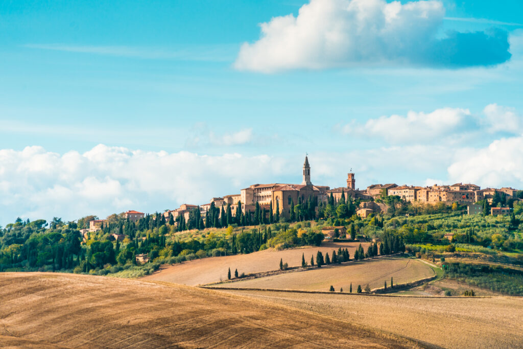 Pienza sits beyond the rolling hills.