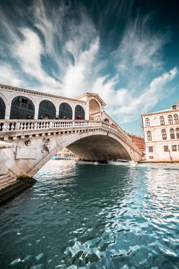 Rialto bridge from water level.