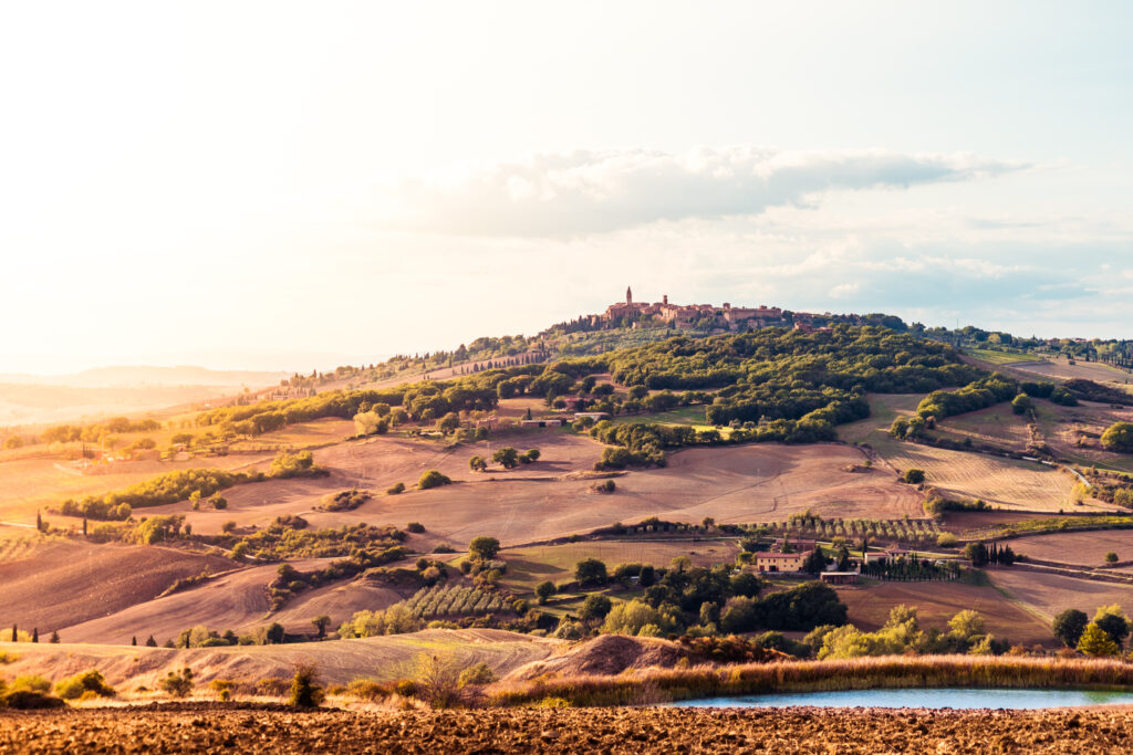 Hillside town of Pienza in the sunlight.