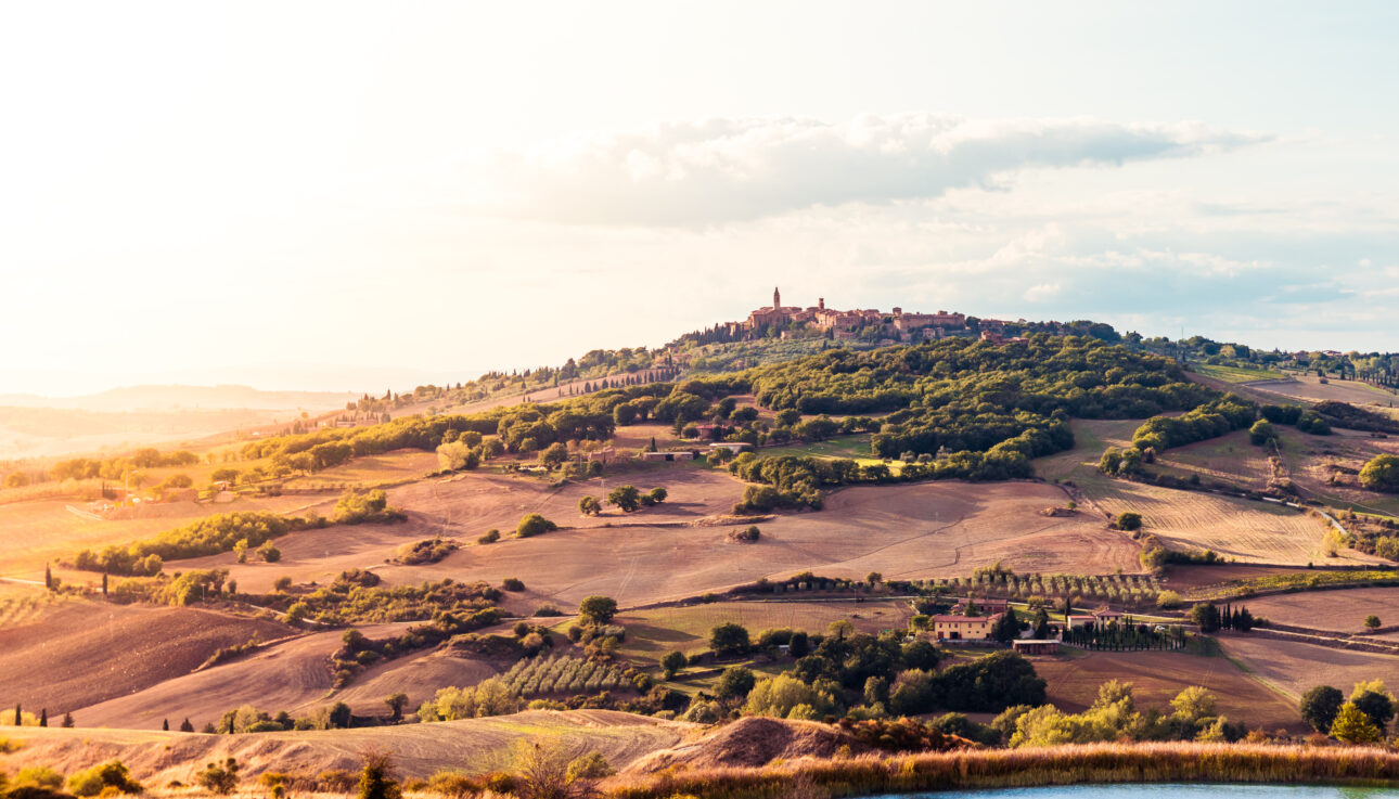 Hillside town of Pienza in the sunlight.