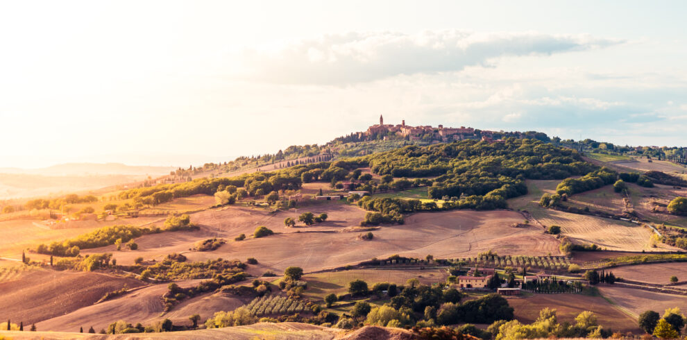 Hillside town of Pienza in the sunlight.