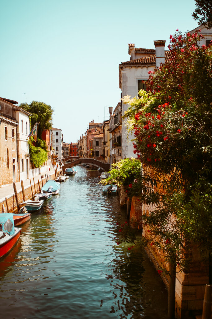 Venice canals with flowers and bridges.